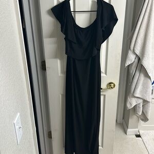 Black off-the-shoulder dress. 95% polyester 5% spandex. Size: Large